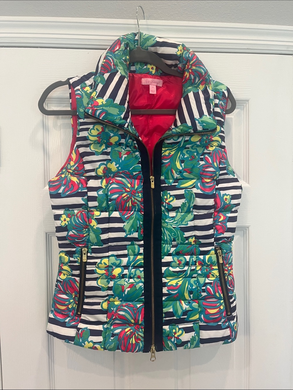 Lilly Pulitzer Navy Stripe Floral Puffer Vest with Pink Lining